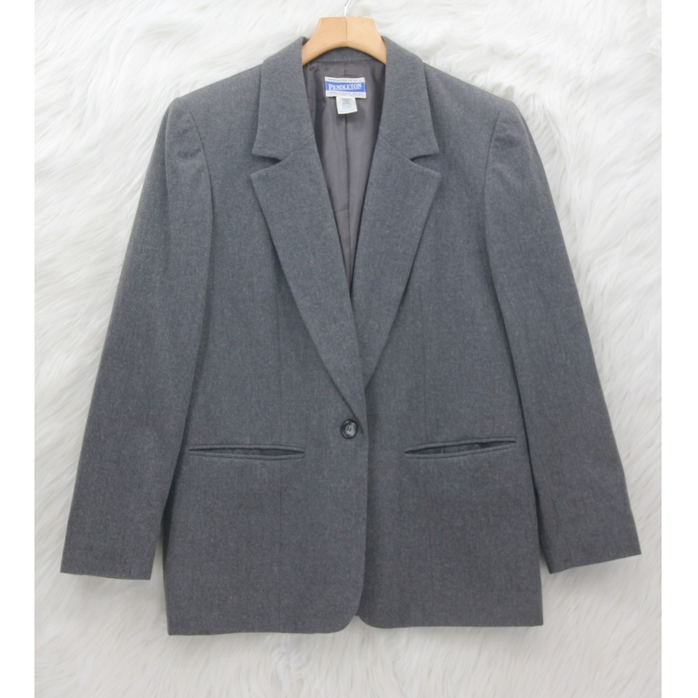 Women's VTG Pendleton Gray 100% Virgin Wool 1 Button Blazer Jacket Sz 6 Classic